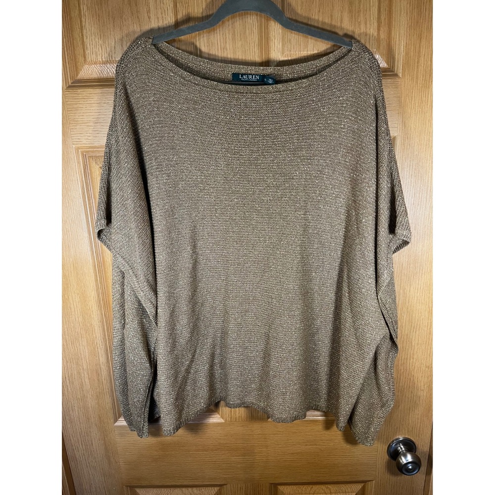 Lauren Ralph Lauren Gold Metallic Linen Blend Knit Poncho Sweater XXL